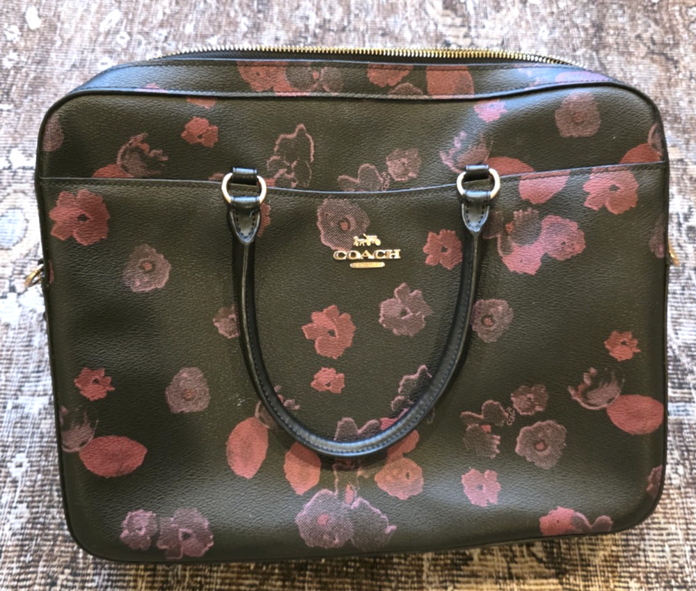 Coach F38985 Halftone Floral Laptop Bag Black Wine Briefcase Work Tote Goth Rose